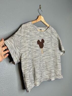 Black and White Striped Crop Tee with Disney Mickey Mouse Ice Cream Bar Large